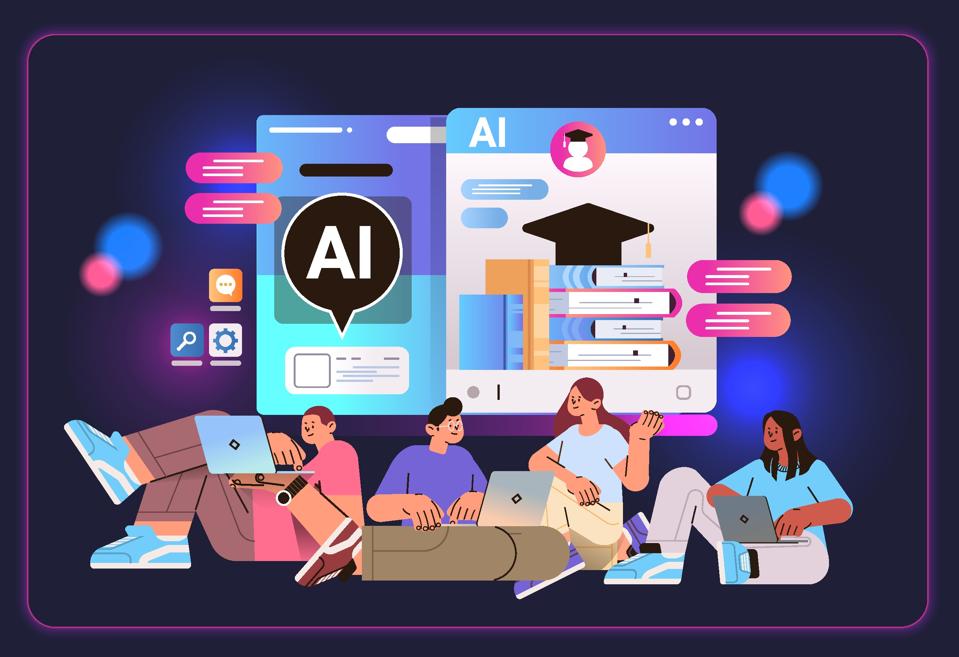 Students learning online in the computer application with AI Helper Bot Education Assistant E-Learning Concept