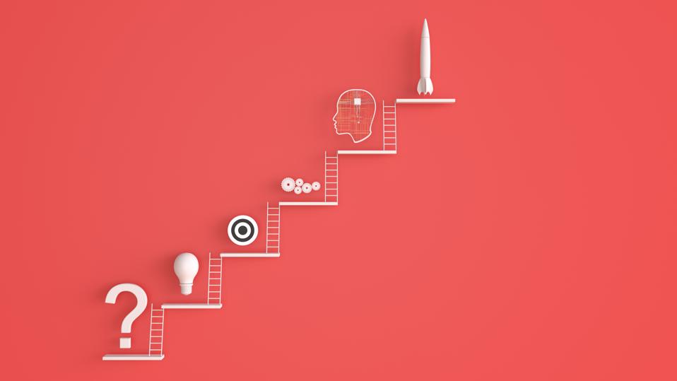 Abstract ladder problems and solutions digital concept red background