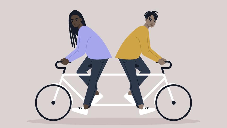 Two characters riding same bike in different directions, a metaphor of argument and disagreement