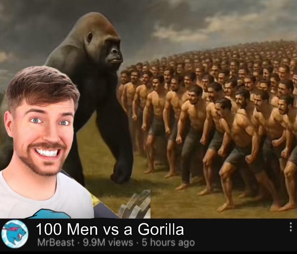 MrBeast's joke thumbnail featuring the viral gorilla vs 100 men question