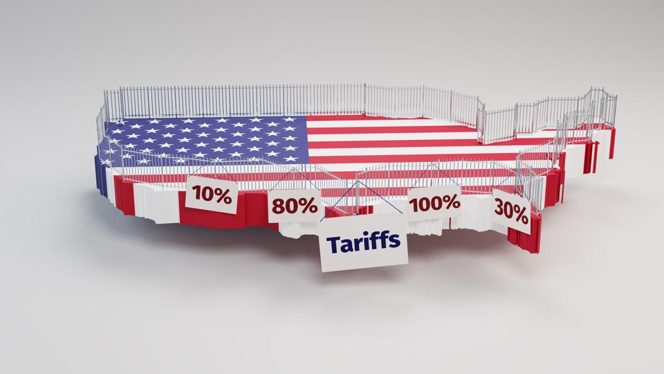 Concept: Trade protectionism by the United States of America by implementing tariffs. A security fence built around a 3d map of the USA with signs "Tariffs" and 10%, 30%, 80%, 100%. Gray Background