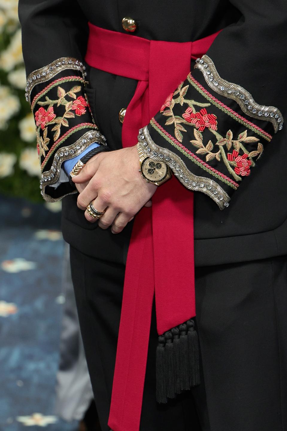 Barry Keoghan wears an Omega 42mm Speedmaster Moonwatch in 18k Moonshine Gold