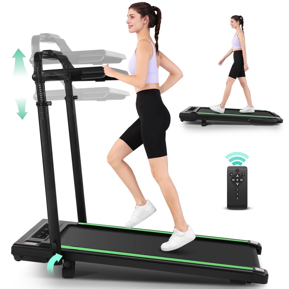 A product shot of a woman walking on the Simpfree Walking Pad.