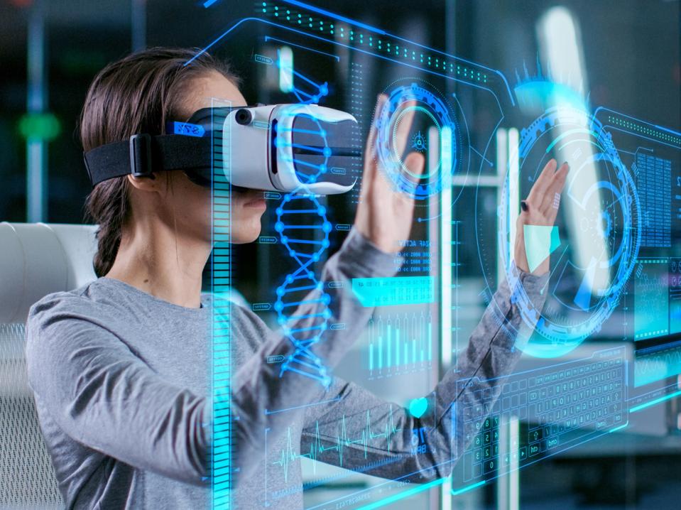 In Laboratory Scientist Wearing Virtual Reality Headset Sitting in a Chair Interacts with Futuristic Holografic Interface, Showing Neurological Data. Modern Brain Study/ Neurological Research Center.