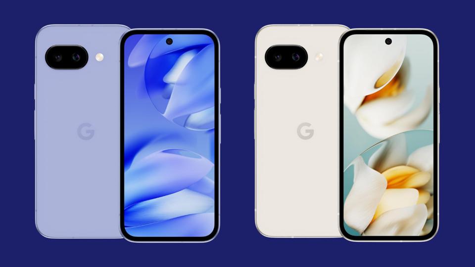 Google Pixel 9A in iris and porcelain on a navy background