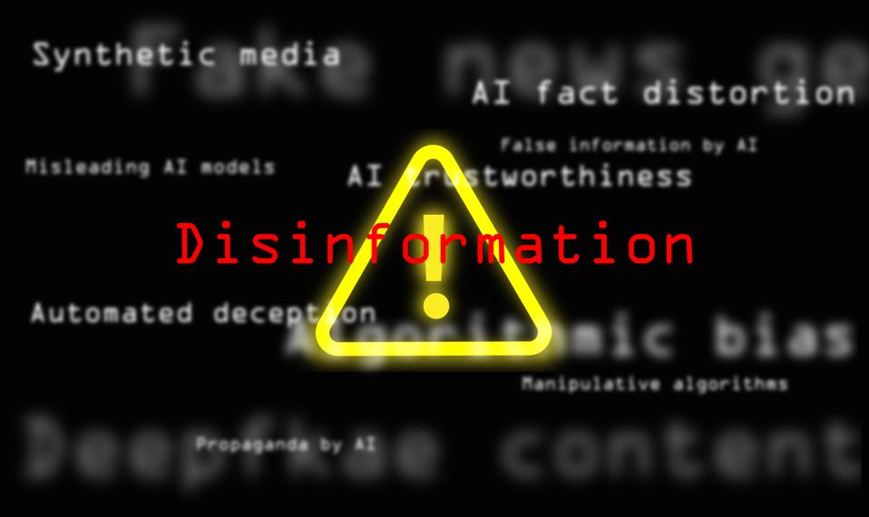 bitcoins A warning sign appears behind the word disinformation in red text, surrounded by other related keywords