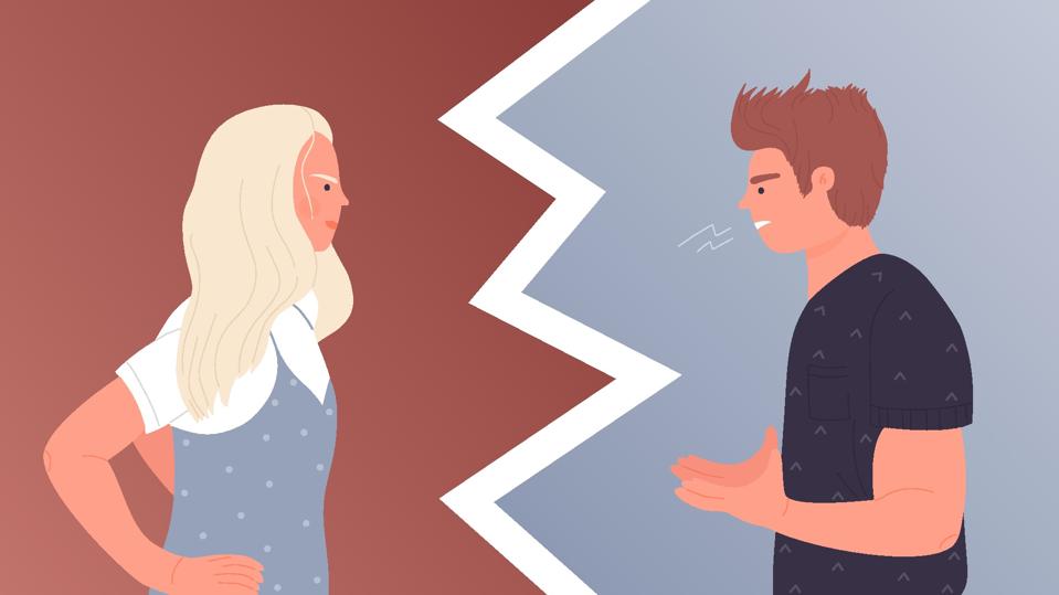 Couple people talk in anger, domestic violence, angry husband screaming at disagree wife