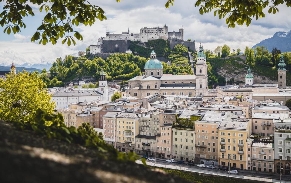 Vacation in Salzburg: Salzburg old city with fortress and cathedral in spring, Austria