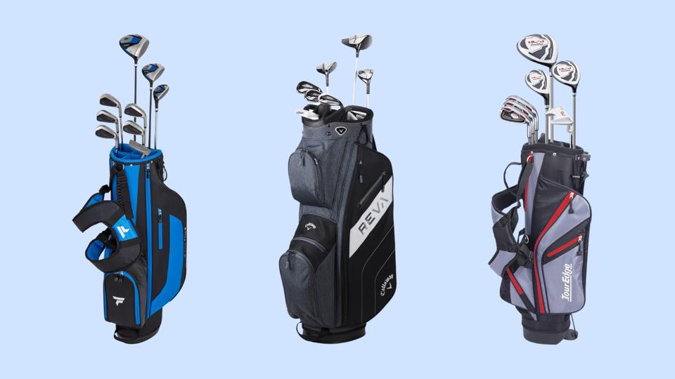 Three different sets of golf clubs on a light blue background