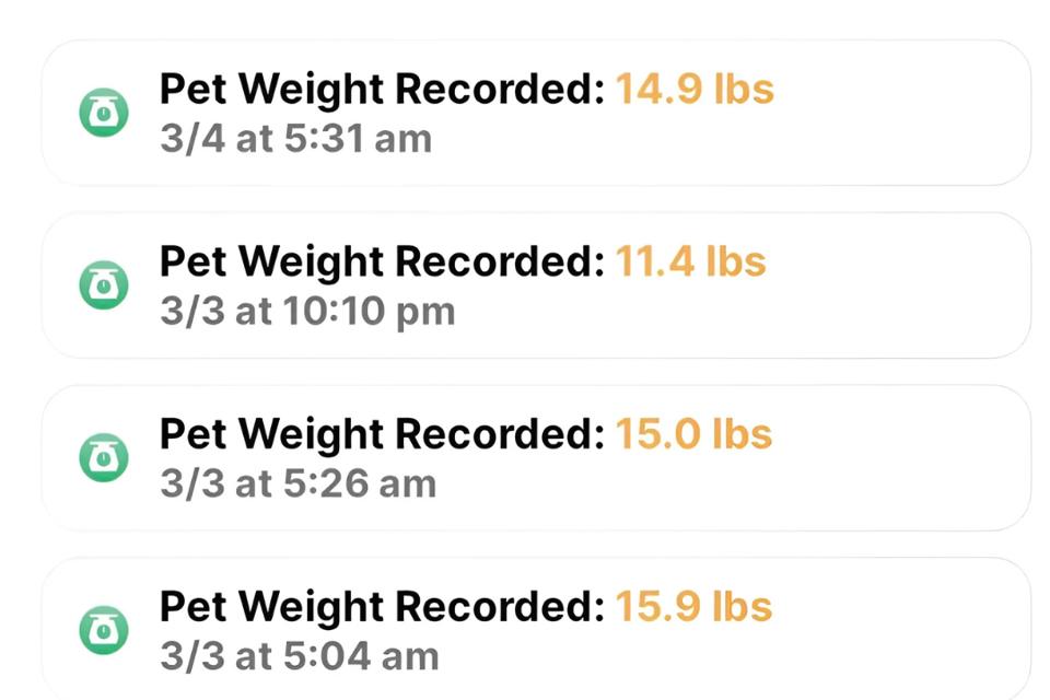 Screenshot of Litter-Robot app with four pet weights recorded