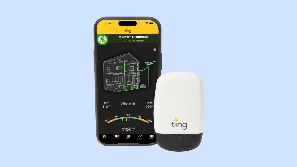 Ting Fire Prevention Sensor and cell phone on a blue background