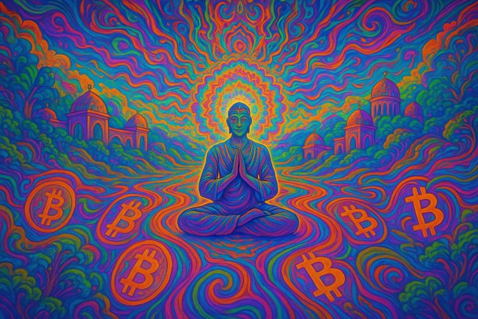 A vivid psychedelic digital artwork depicting a meditative figure with hands in prayer position.