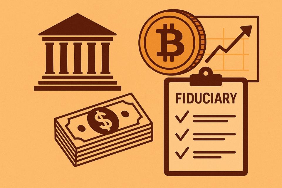 Icons of a university, Bitcoin, and financial documents symbolizing endowment crypto investments. 