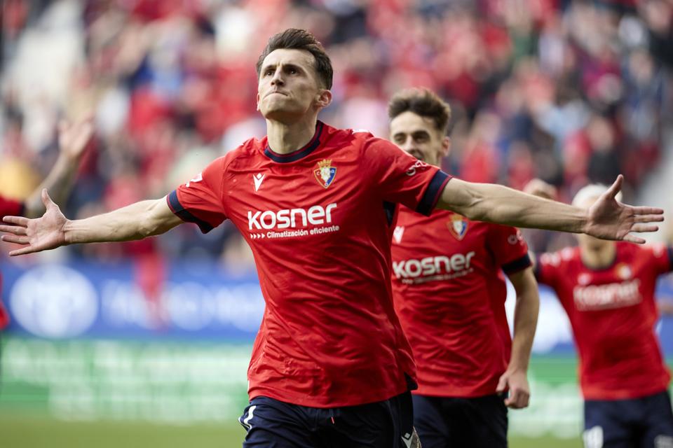 Ante Budimir (forward; CA Osasuna) celebrates a goal during...
