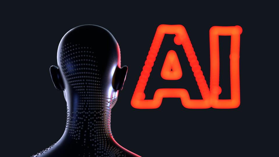AI shining letters, modern and futuristic  - 3d model of a  human head. Robot concept - cyborg, artificial intelligence background