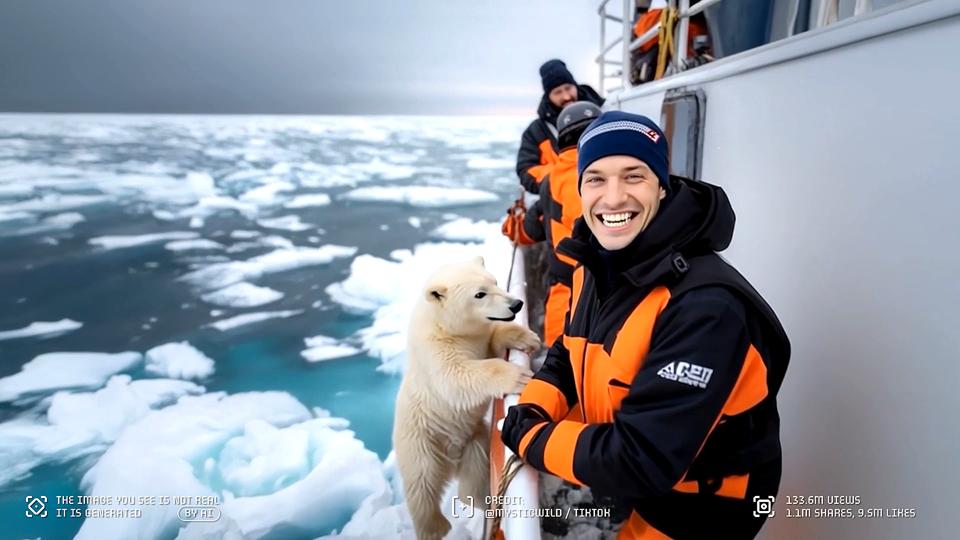 A boat crew member smiles as a baby polar bear climbs from icy seas over the ship's railing