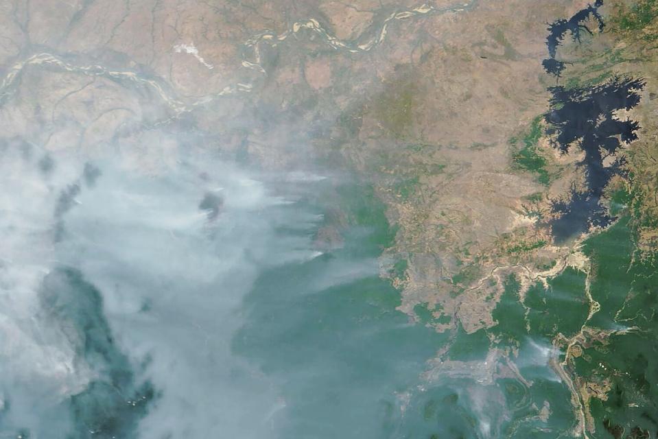Smoke from wildfires blanket forests south of the Orinoco River, Venezuela, March 2024