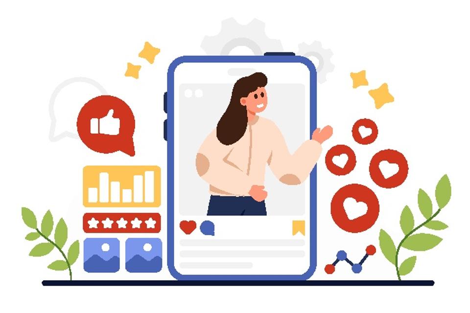 Illustration of a smartphone with a women framed within and slightly out. Surrounding the phone are social media related icons (thumbs up, five stars and hearts), as well as graphs and growing plants. Personal branding concept.
