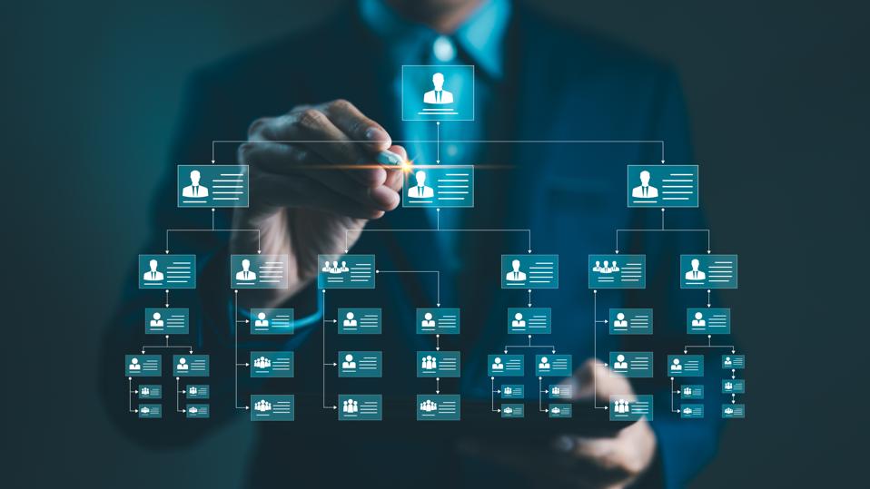 Organization chart and hierarchy structure employees in the company with departments in business. Working process and workflow automation with flowchart. Employee information, mindmap or organigram,