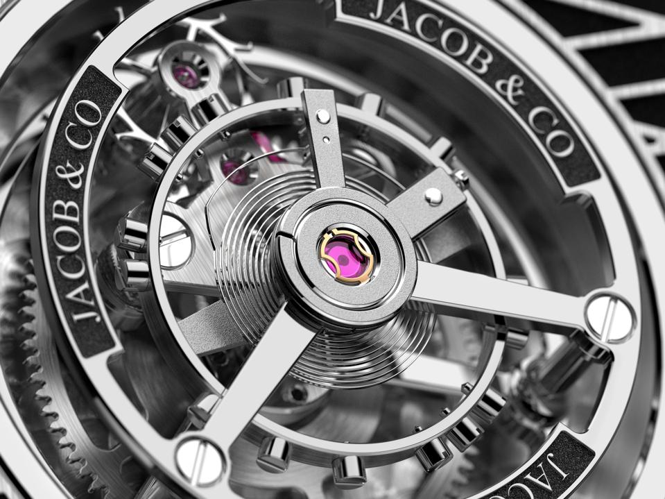 A close look of the Jacob & Co. vertical tourbillon on the Bugatti Calandre Table Clock