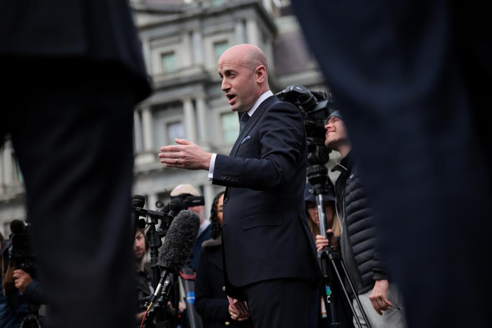 White Home Place of origin Security Consultant And Deputy Chief Of Employees Stephen Miller Speaks To The Media At The White Home