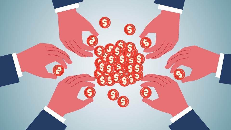 Crowdfunding, collecting wealth or sharing profits, investing earnings, market share, placing gold coins in hand into piles