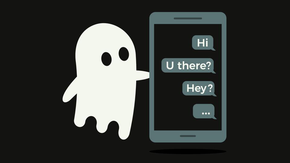 Cute cartoon ghost ghosting unread chat messages on smartphone. Ignored phone texts vector flat illustration for digital communication, online chat and social media. Rejection, avoidance, silence.