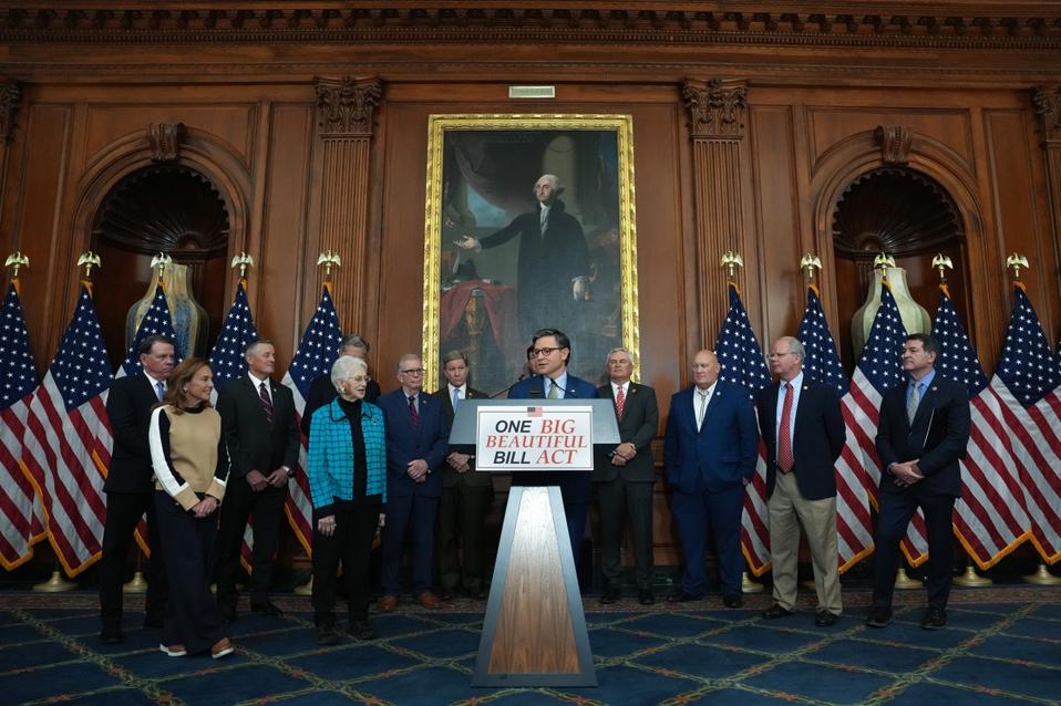 US Speaker of the House Mike Johnson speaks to the media on May 22, 2025 in Washington DC.