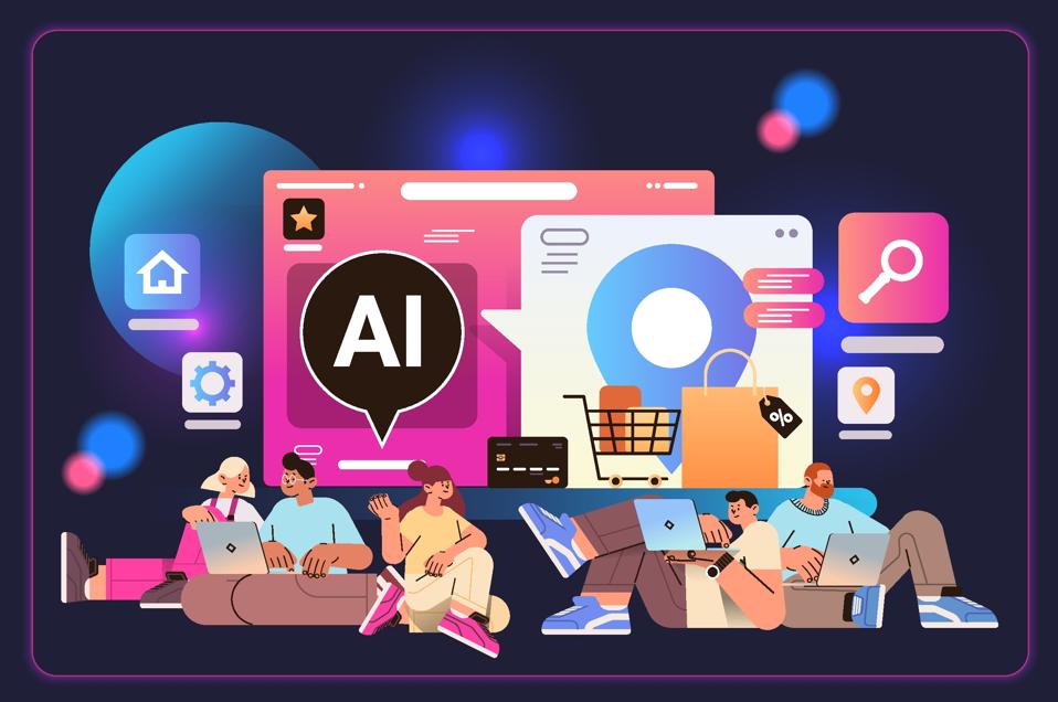 people buying things in computer app with ai shopping assistant helper bot e-commerce online shopping concept