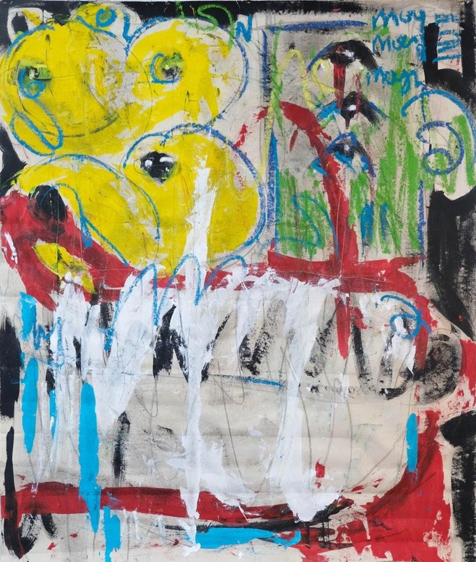 FIgurative and abstract painting with googly eyes and teeth