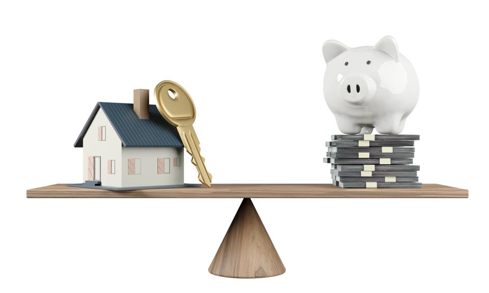 Investment house key and piggy bank a lots of money on seesaw. Real estate business mortgage investment and financial loan concept. real estate property, Clipping path, 3D rendering