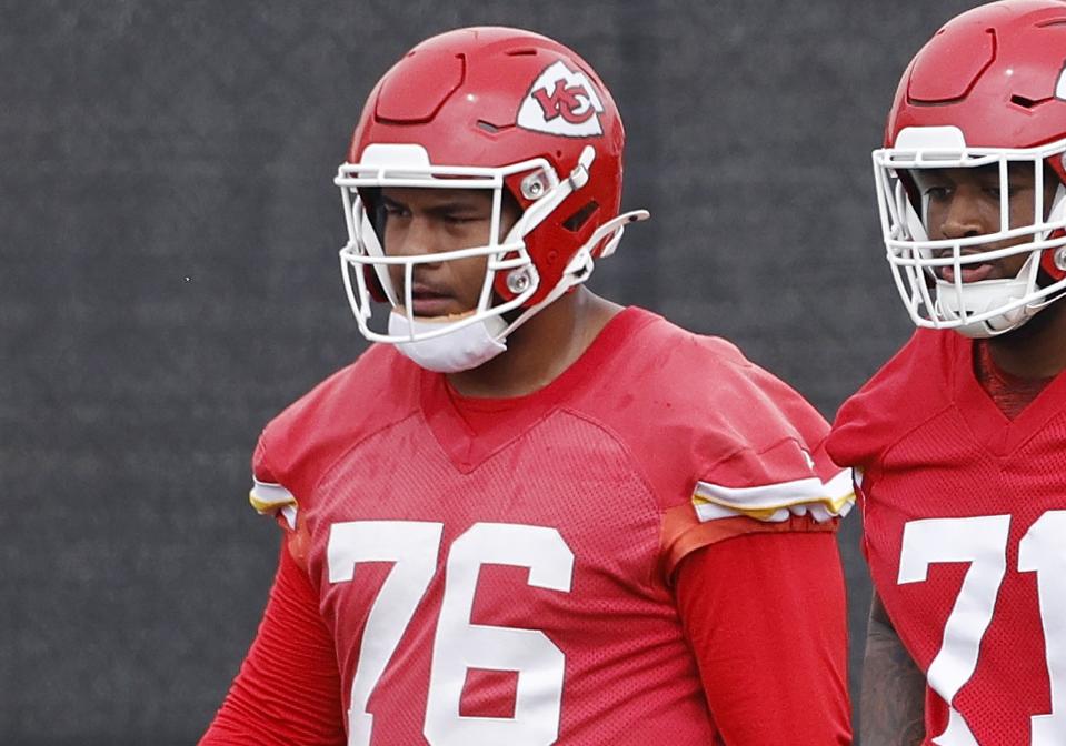 Kansas City Chiefs offensive tackle Kingsley Suamataia participates in OTAs.