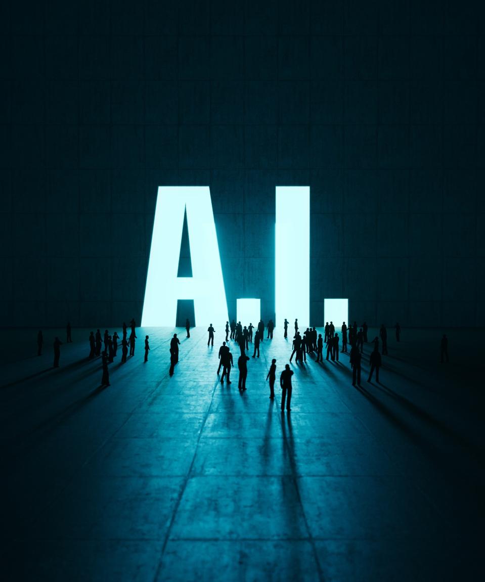 Human Crowd Waiting Before AI Word On Concrete Wall