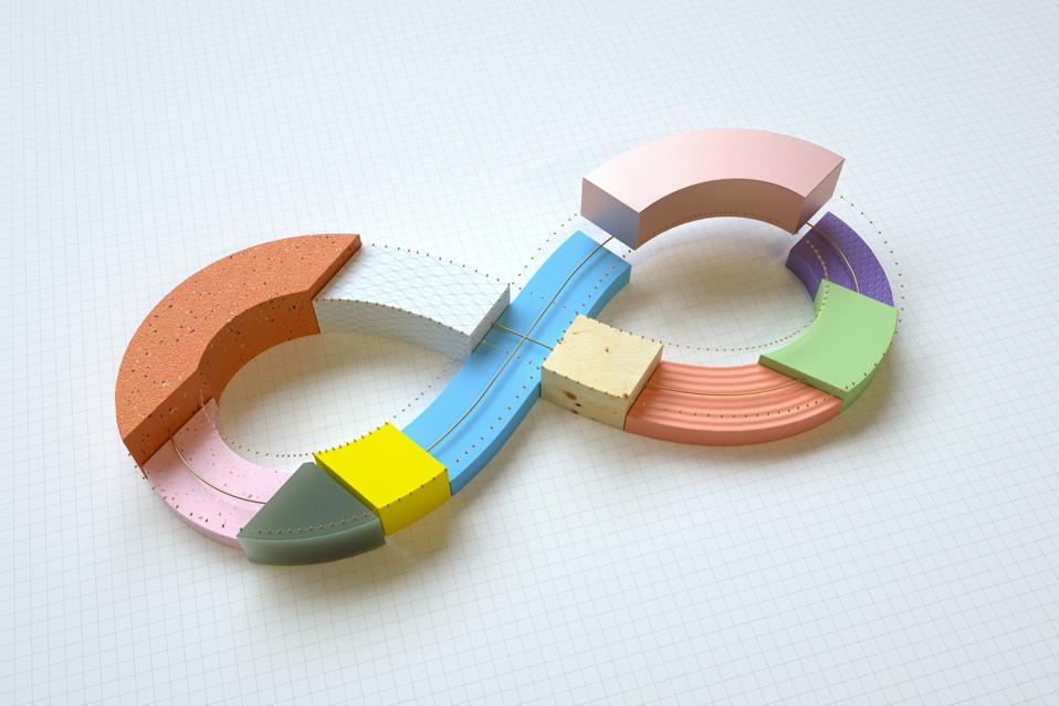Digital image of infinity sign, representing DevOps, made out of different multicolored surfaces on white background.
