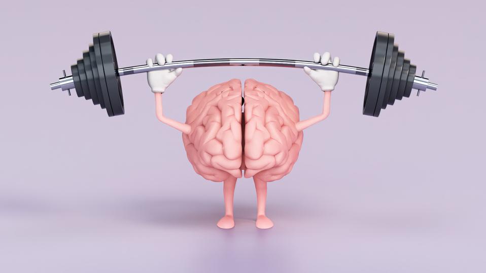 Cartoon Brain Lifting Weights on a Purple Background.