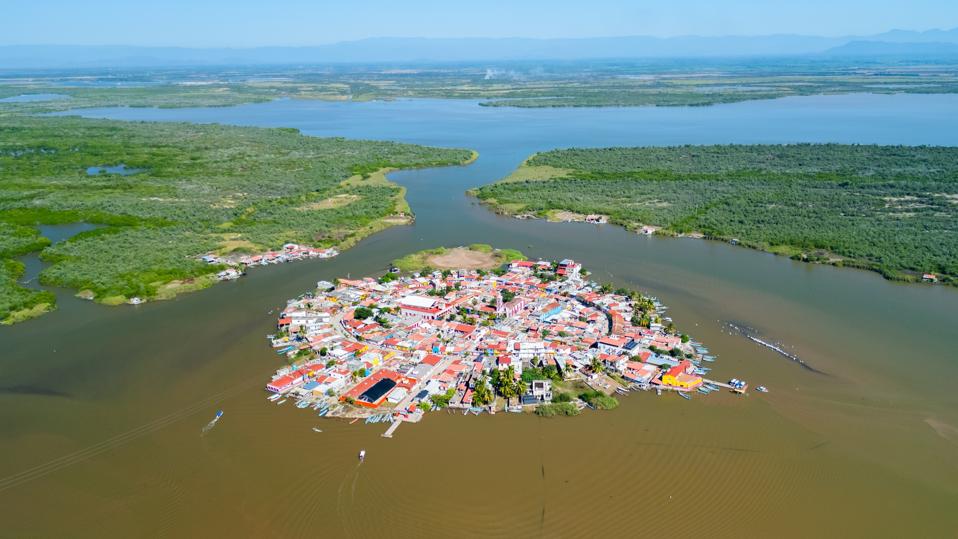Aerial view of Isla de Mexcaltitan surrounded by mangroves in the state of Nayarit, Mexico