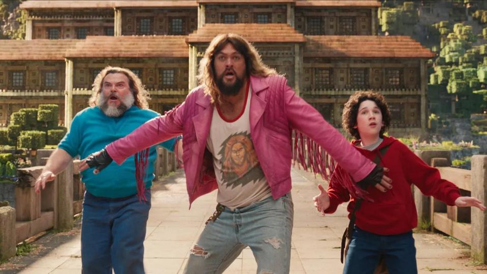 Jack Black, Jason Momoa and Sebastian Hansen in "A Minecraft Movie."