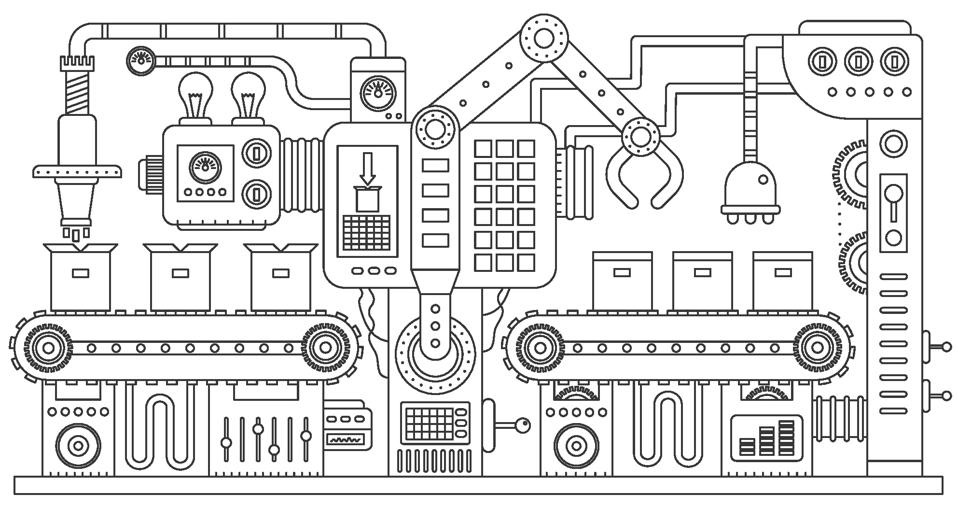 Illustration of an automated factory assembly line producing identical boxes. Represents AI-driven advertising and content automation—efficient, uniform, and frictionless. Highlights the loss of human creativity, authorship, and differentiation in pursuit of speed and scale.