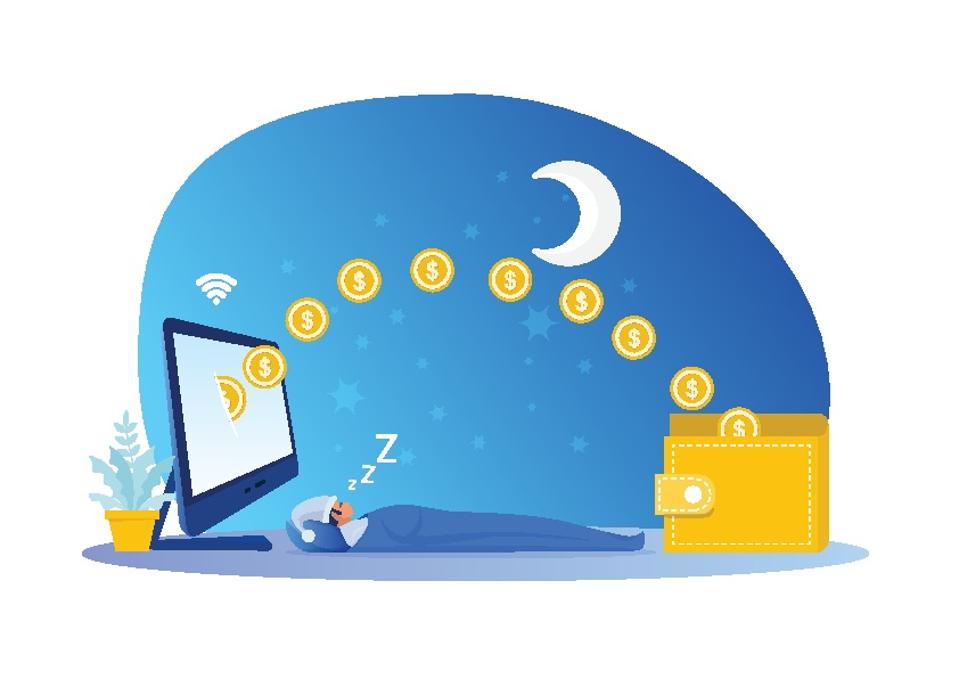 Man sleeping with earning while sleeping passive income concept vector illustrator.