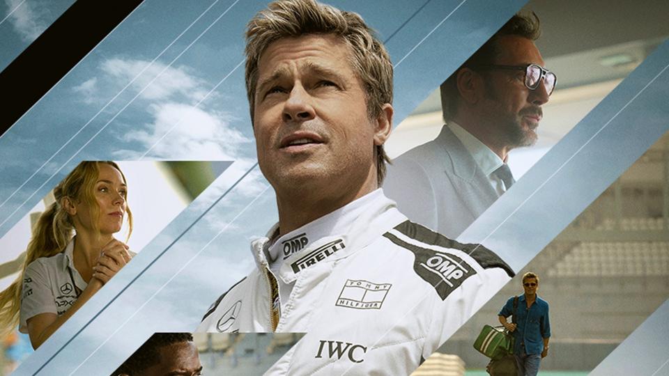 Cartaz de "F1: O Filme" apresentando Kerry Condon, Brad Pitt e Javier Bardem.