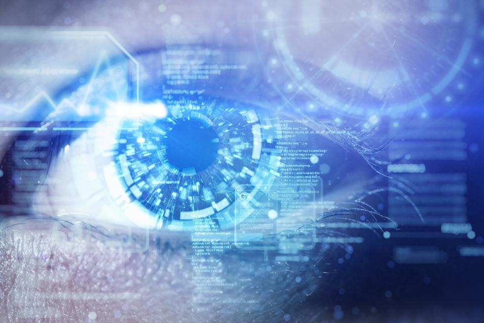 A futuristic robotic eye with user interface screen