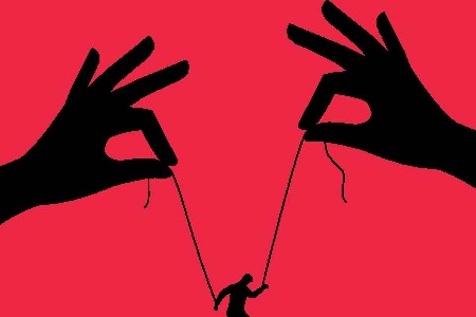 Manipulator concept. Boss puppet abuse manipulations, employer domination exploitation, dictator control, authority manipulator, abuser doll on strings manipulation