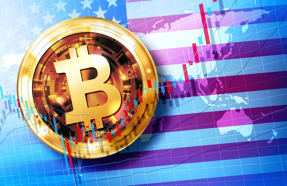 Bitcoin rising chart, American flag and world map background illustration material
