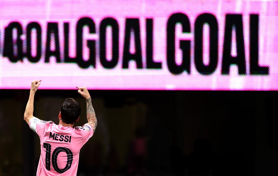 Lionel Messi celebrates a goal for Inter Miami.