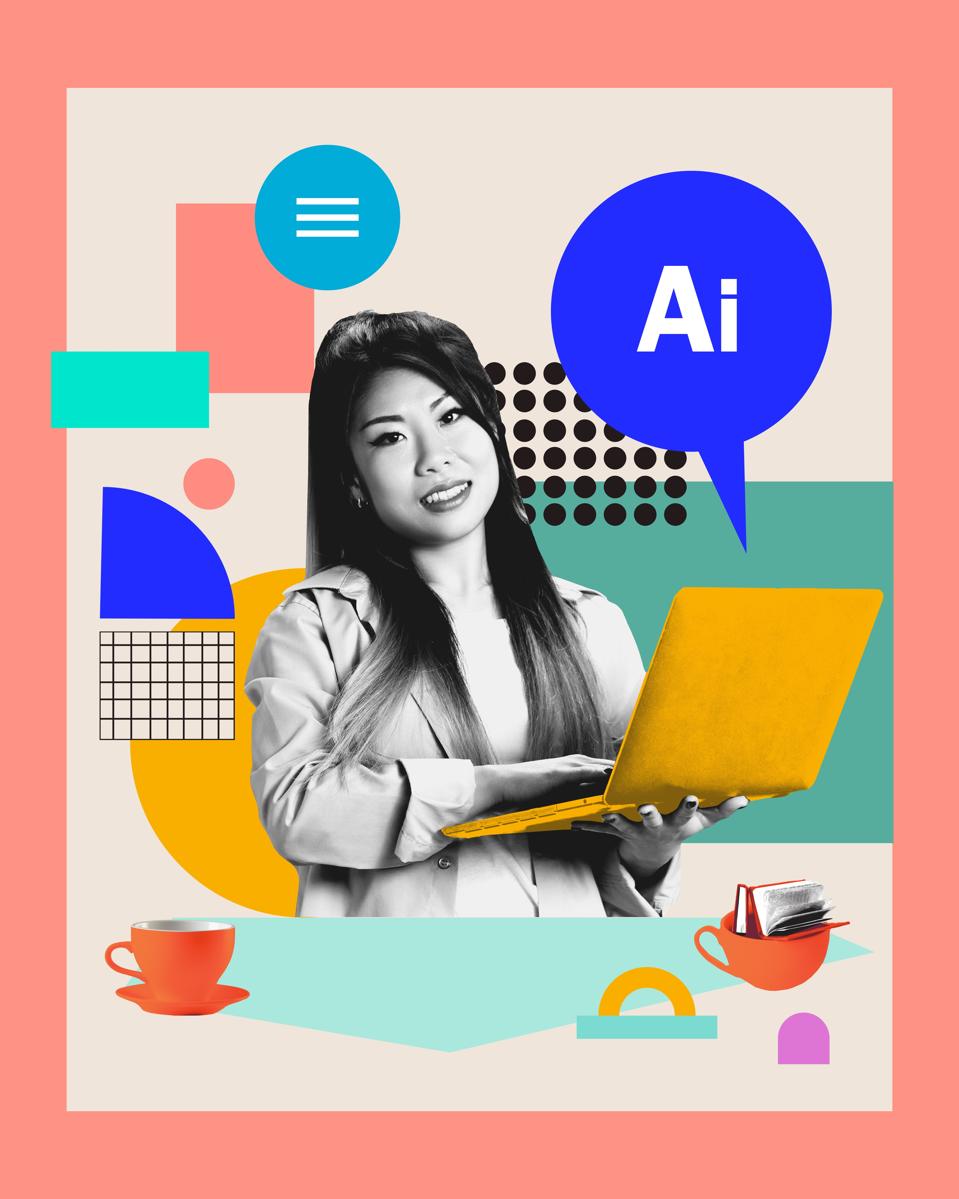Pixelated retro composition. AI business assistant. Female freelancer with laptop surrounded by icons and bright workspace