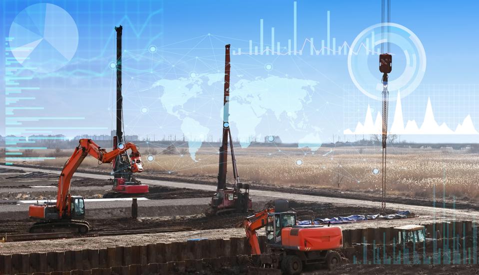 construction automation concept, calculation and planning of pile installation, management of piling machines and artificial intelligence equipment, data transfer through cloud systems