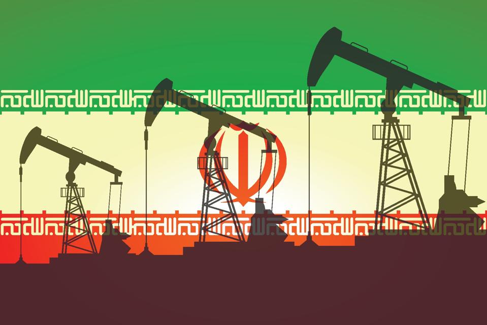 Oil pump on background of flag of Iran. Vector illustration