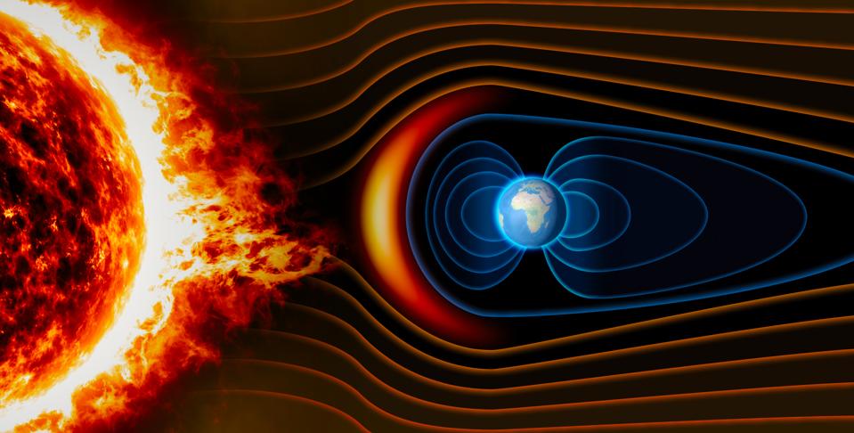 Earth's magnetic field, the Earth, the solar wind, the flow of particles