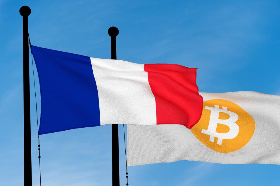 French flag and Bitcoin Flag waving over blue sky (3D rendering)