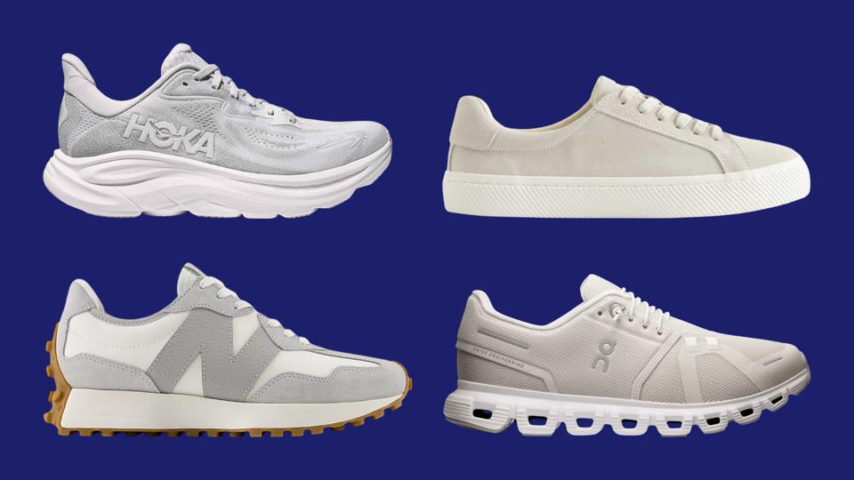 Four women's sneakers on a blue background